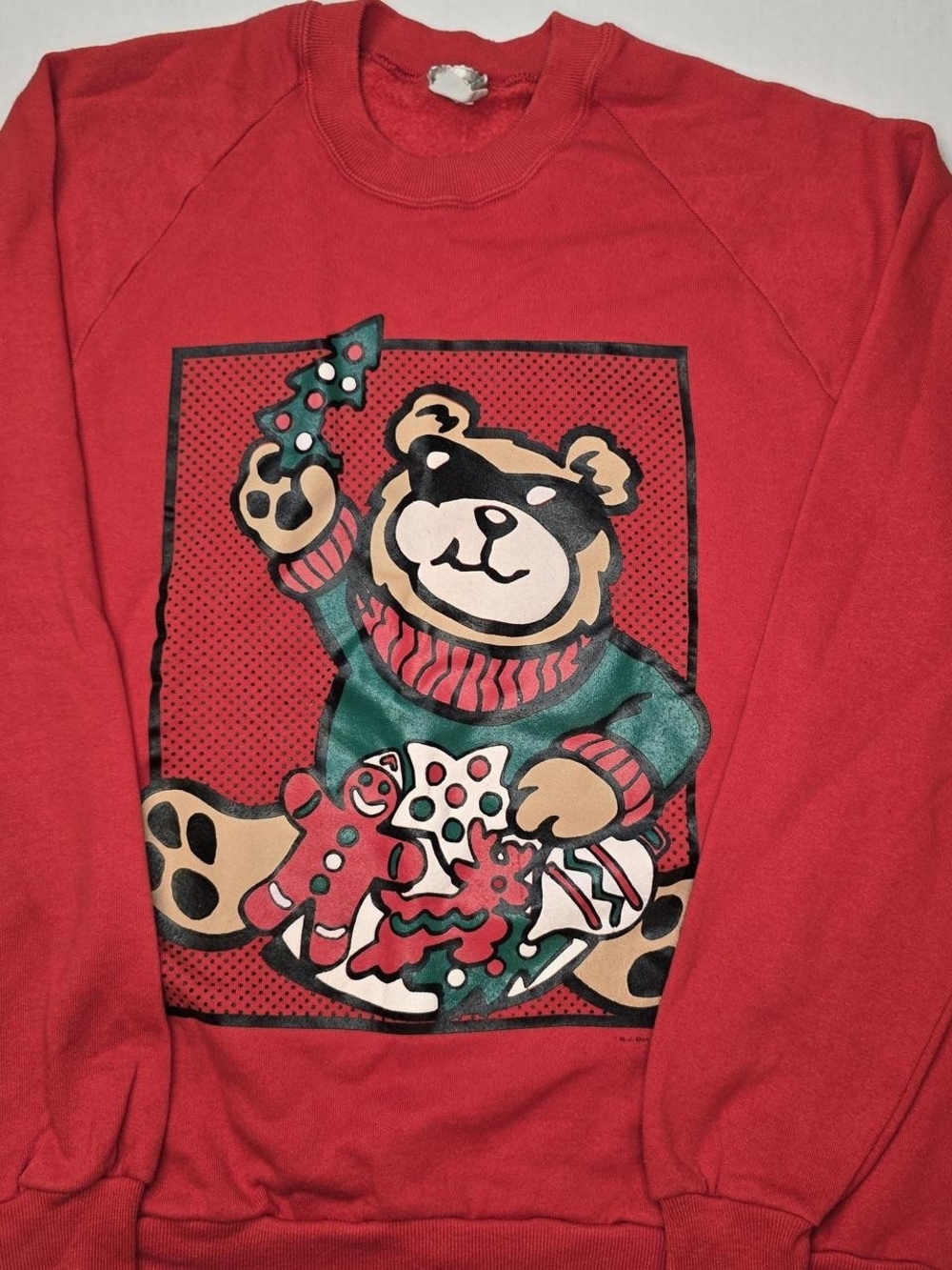 VTG 80s Christmas Bear Graphic Sweatshirt Red Pullover Oversized Slouchy Cute XL